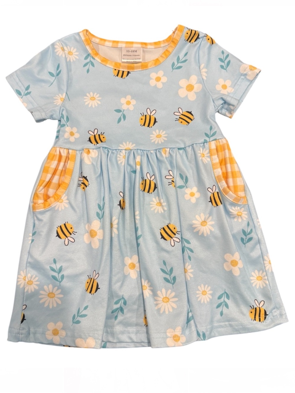⭐️4 for $10⭐️  Blue Bee & Daisy Girls' Dress with Yellow Gingham Pockets